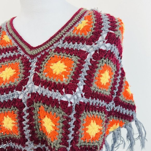 Granny Square Blue, Red, Orange Crocheted Fringe Boho Hippie Fringed Shawl - Picture 5 of 6